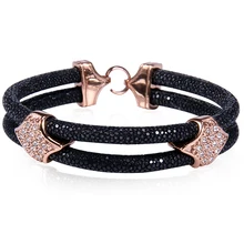 New trendy couples anniversary gift rose gold charms genuine leather black stingray skin bracelet unisex design for couples