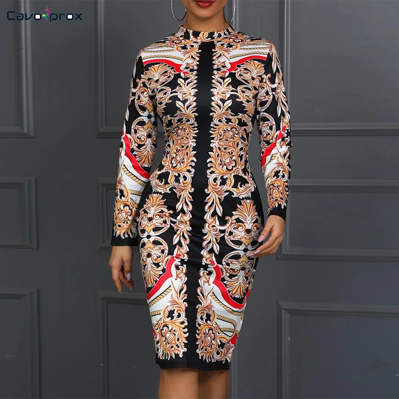 النساء ريترو طباعة إدراج طويل كم Bodycon اللباس عارضة غمد الركبة طول الصيف س الرقبة زائد حجم النادي حزب اللباس