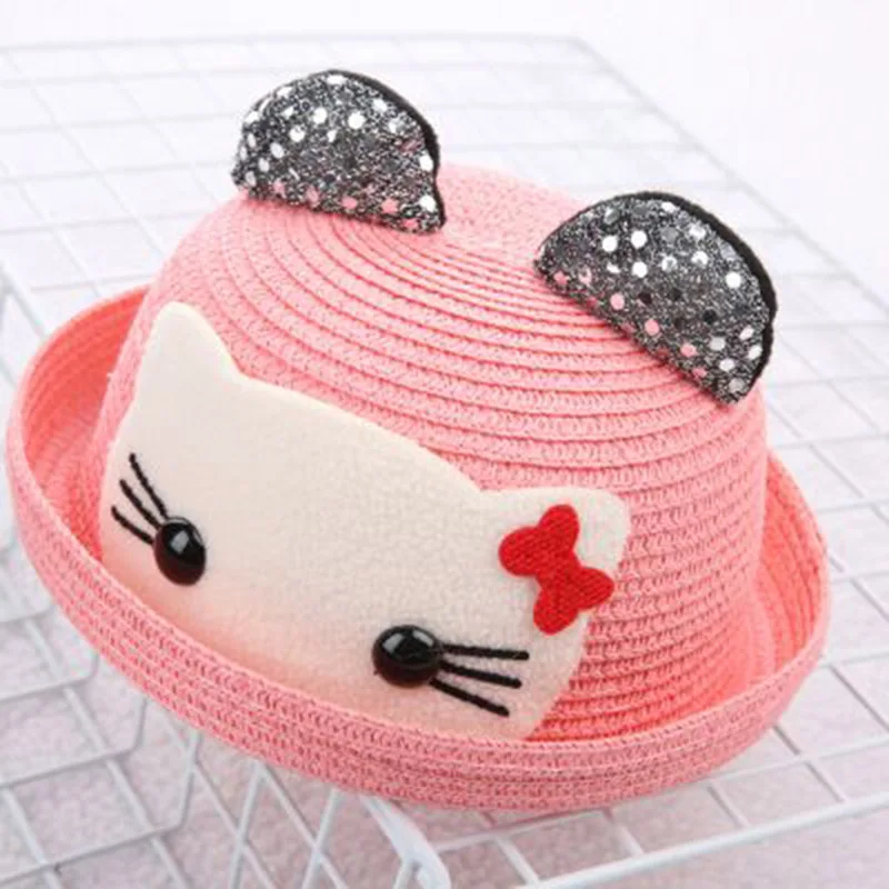 MAERSHEI الصيف الصبي الفتيات قبعات من القش الترتر قبعات للحماية من الشمس للأطفال لطيف القط الأذن قبعات الشاطئ واقية من الشمس الفاتحة كاب