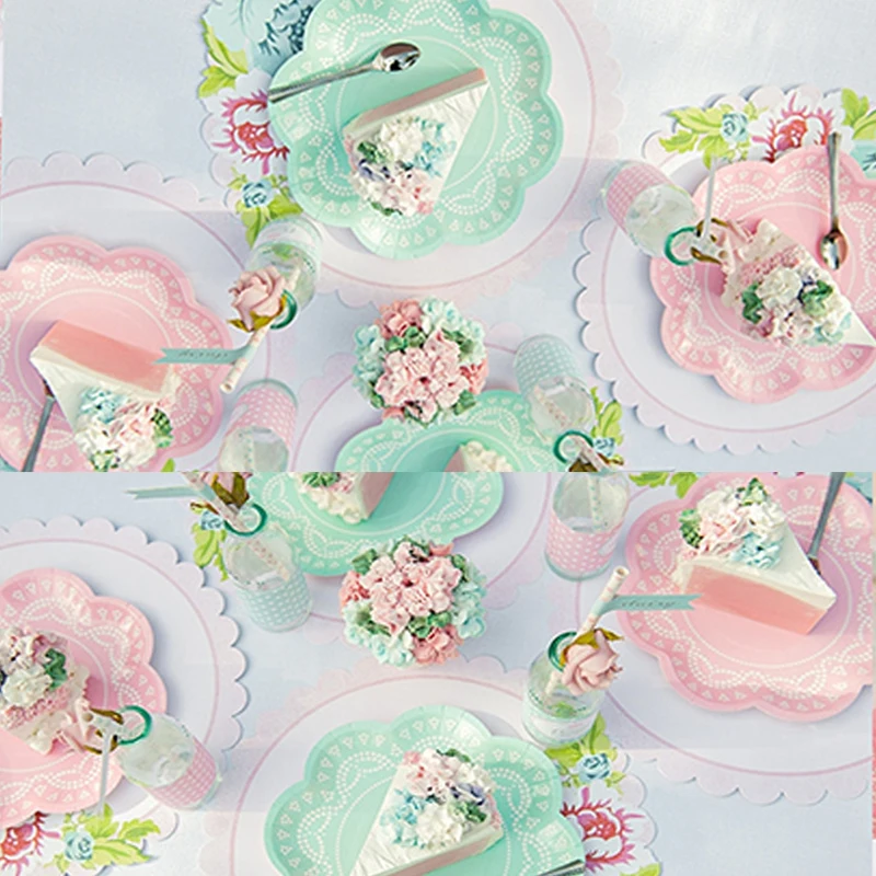 12 stuks Kant Pastel Bloem Papier Borden Roze Blauw Paars Papier Plaat Kopjes Handdoek Voor Bruiloft Verjaardag Baby Shower levert