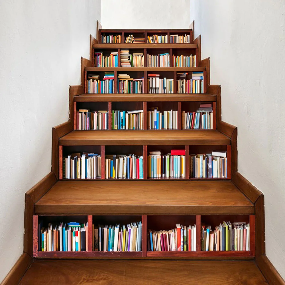 6 قطعة/المجموعة مكتبة الدرج ملصقات خزانة نمط Stairscase الديكور جدارية الذاتي لاصق رف DIY الشارات ملصق للماء