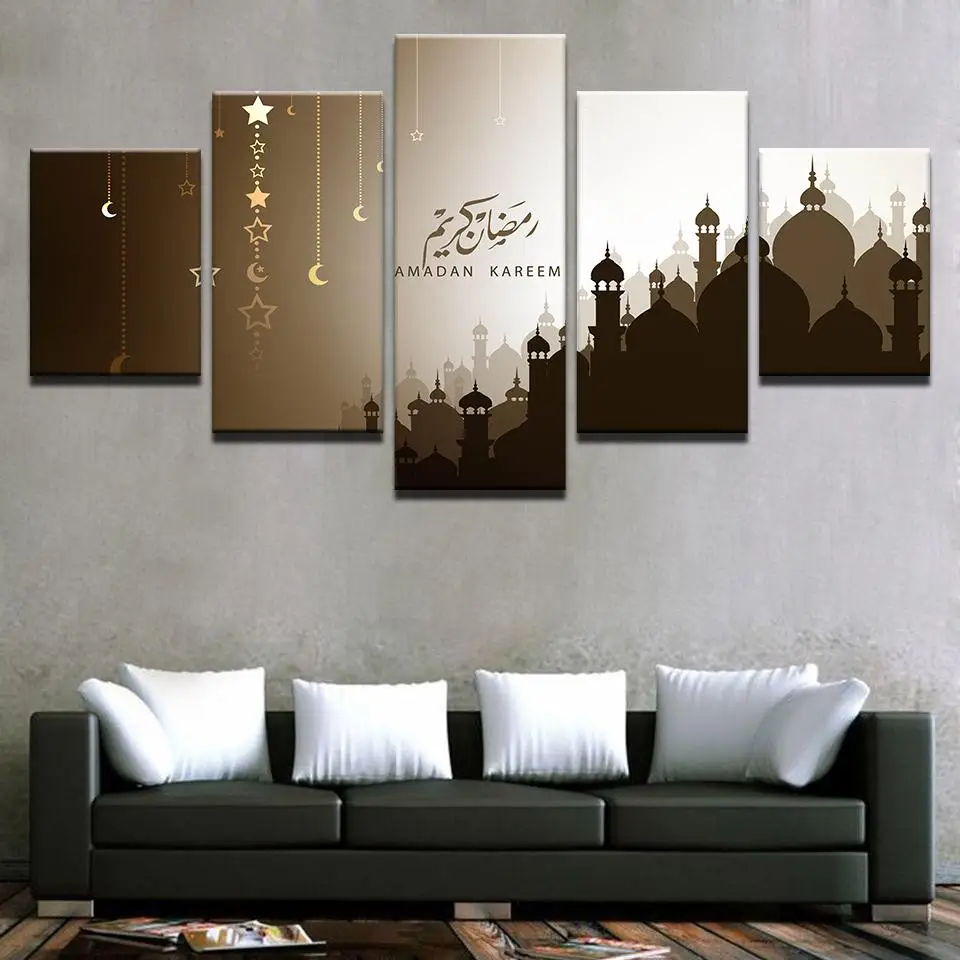 

Living Room HD Printed Painting Art Pictures Home 5 Panel Ramadan Kareem Moon Stars Arabic Modern Wall Decoration Posters Frame