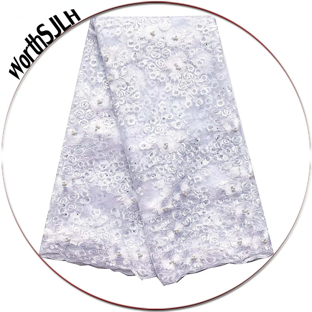 

Guipure French White Lace Fabric Nigerian Wedding Lace Fabric Lilac Latest High Quality African Lace Materials With Beads