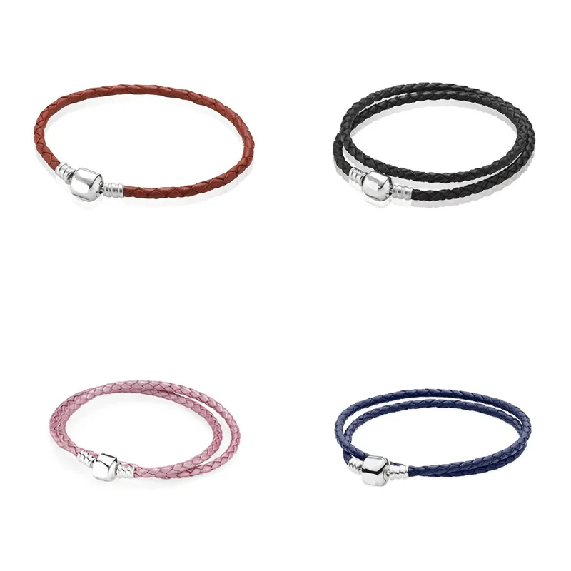 4 Style 925 Sterling Silver Charms Leather Strap Basic Bracelets For