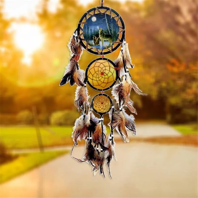 Fashion Handmade Wolf Dreamcatcher Bedroom Car Hanging Decor Fashion Handmade Wolf Dreamcatcher Bedroom Car Hanging Decor Ornament 3 Circular Net Feather Indians Dream Catcher Craft 20 Hot