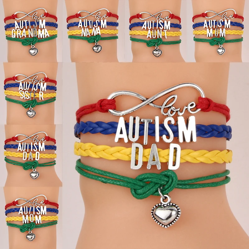 

(10pcs/lot) Infinity Love AUTISM MOM/AUNT/DAD/GRANDMA/MUM/NANA Family Bracelet Charm Leather Awareness Bracelet&Bangles Jewelry