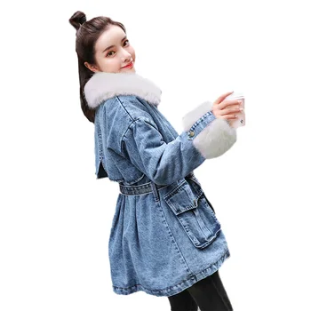 

Women Parkas 2019 New Medium Long Warm Denim Jacket Fox Fur Collar Slim Cotton Coats Fashion Large Size Female Outerwear JIA63