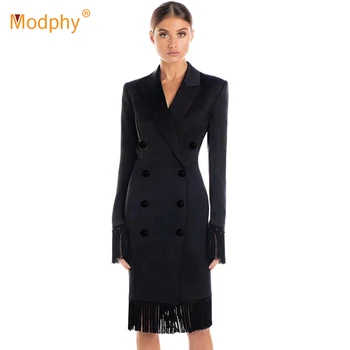 

2019 New spring Women Slim Black Coat Trench V-Neck Double Breasted Long Sleeve Tassel Button Fashion Women Out Wear Coats