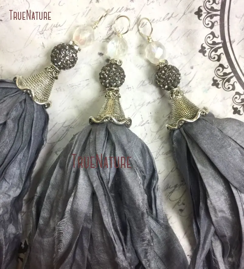TPO14373-Gray Sari Silk Tassel Pendant Bohemian Tassels Pendant Antique Silver Fluted Bead Cap Czech Glass  (1)