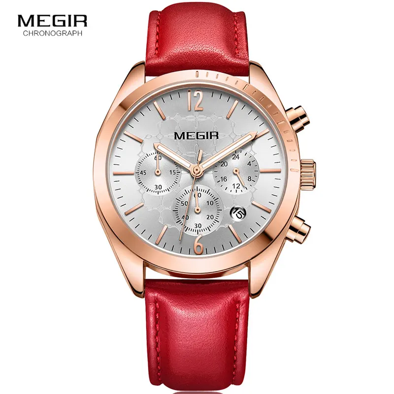 

Megir Women's Luxury Quartz Watches Leather Strap Chronograph Wristwatch for Woman Lady Relogios Femininos ML2115 Red