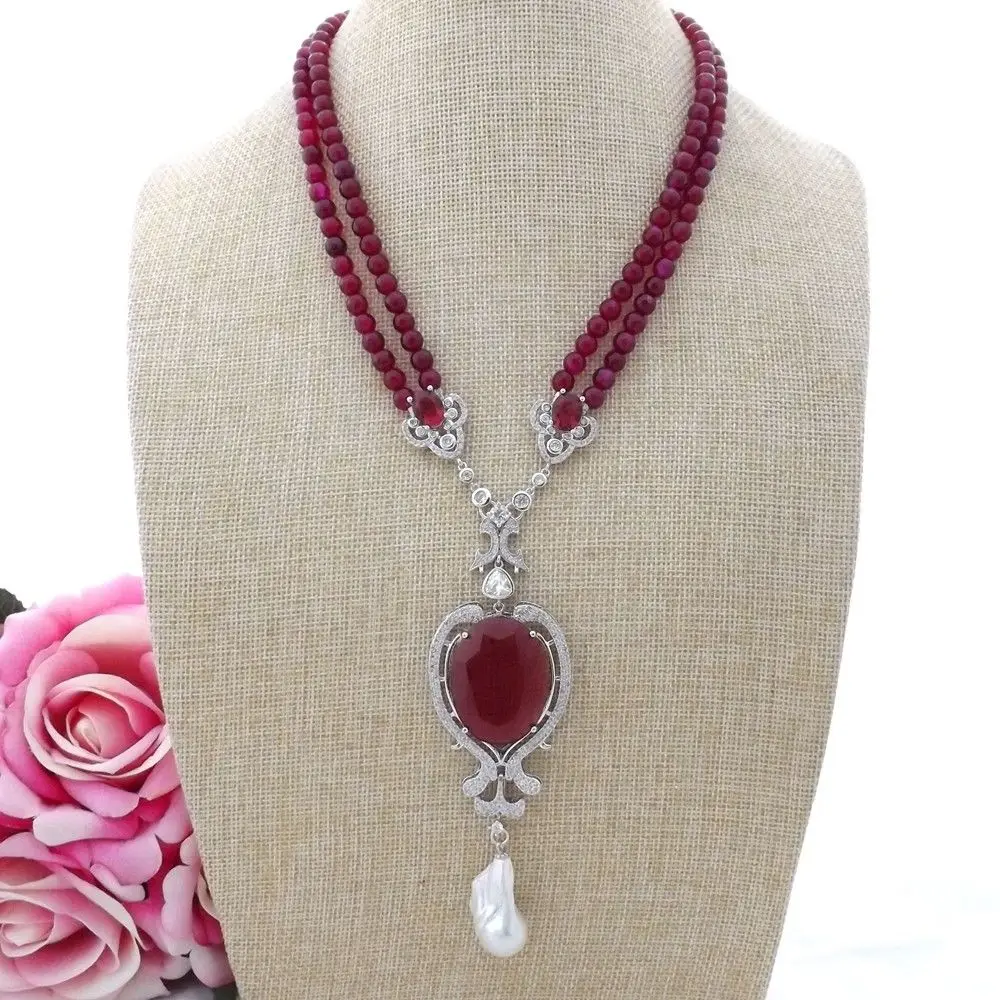 

K110102 19" 2Strands Red Stone Necklace Keshi Pearl CZ Pendant