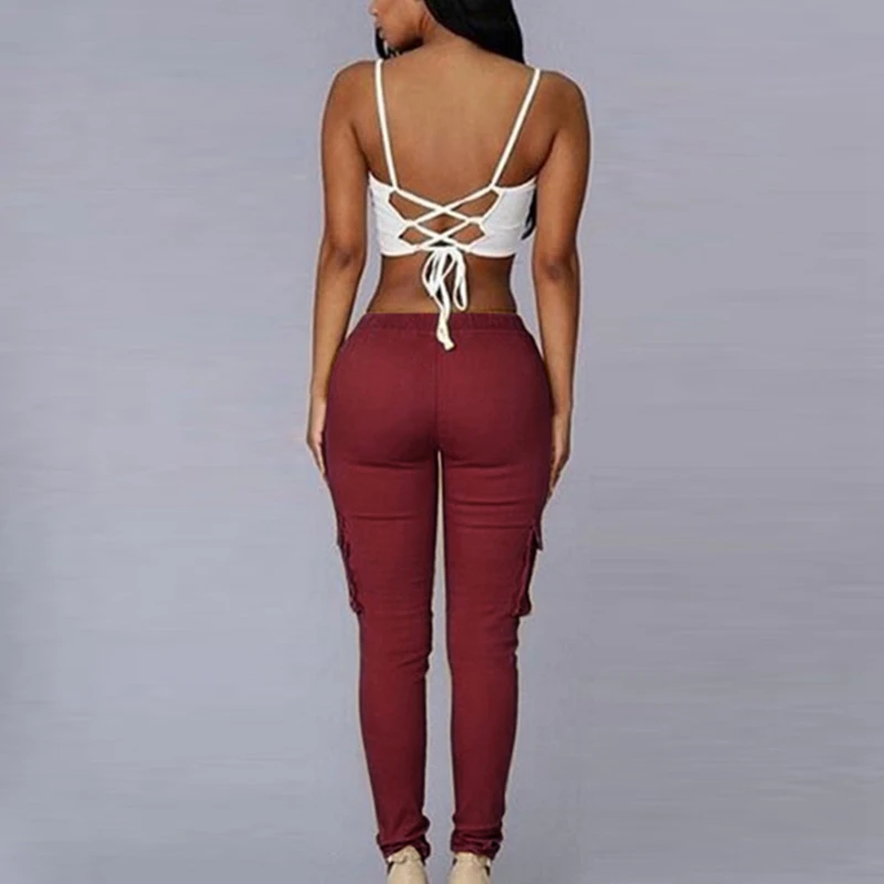 LASPERAL 2019 Spring Lace Up Waist Casual Women Pants Solid Pencil Pants Multi-Pockets Plus Size Straight Slim Fit Trousers