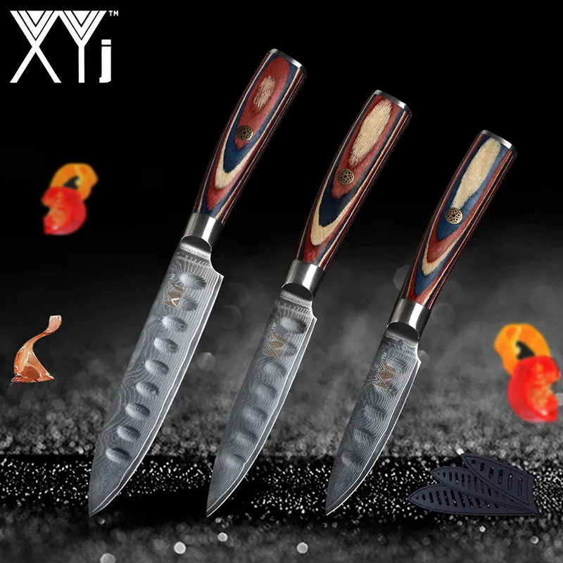 XYj дамасский стальной нож японский VG10 Дамасские Стальные Кухонные ножи с цветной деревянной ручкой 3,4, 5,6 дюймов дамасский кухонный нож - Цвет: 345