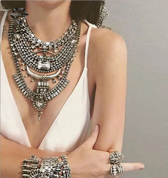 

Statement Vintage Silver Chain Crystal Necklace Maxi Retro Choker Collier Femme Bib Statement Collar Vintage Necklace for Women