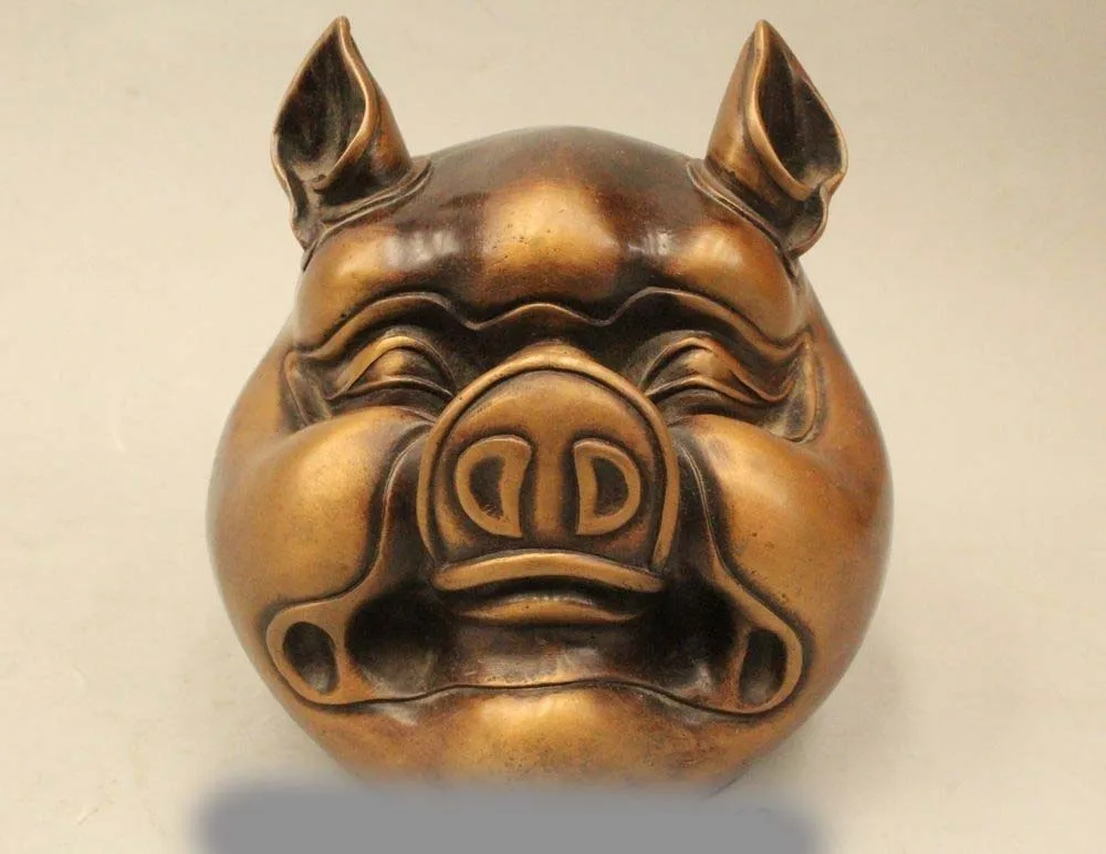 

6" China Chinese Purple Bronze Yuan Ming Yuan Zodiac Year Pig Head Bust Statue