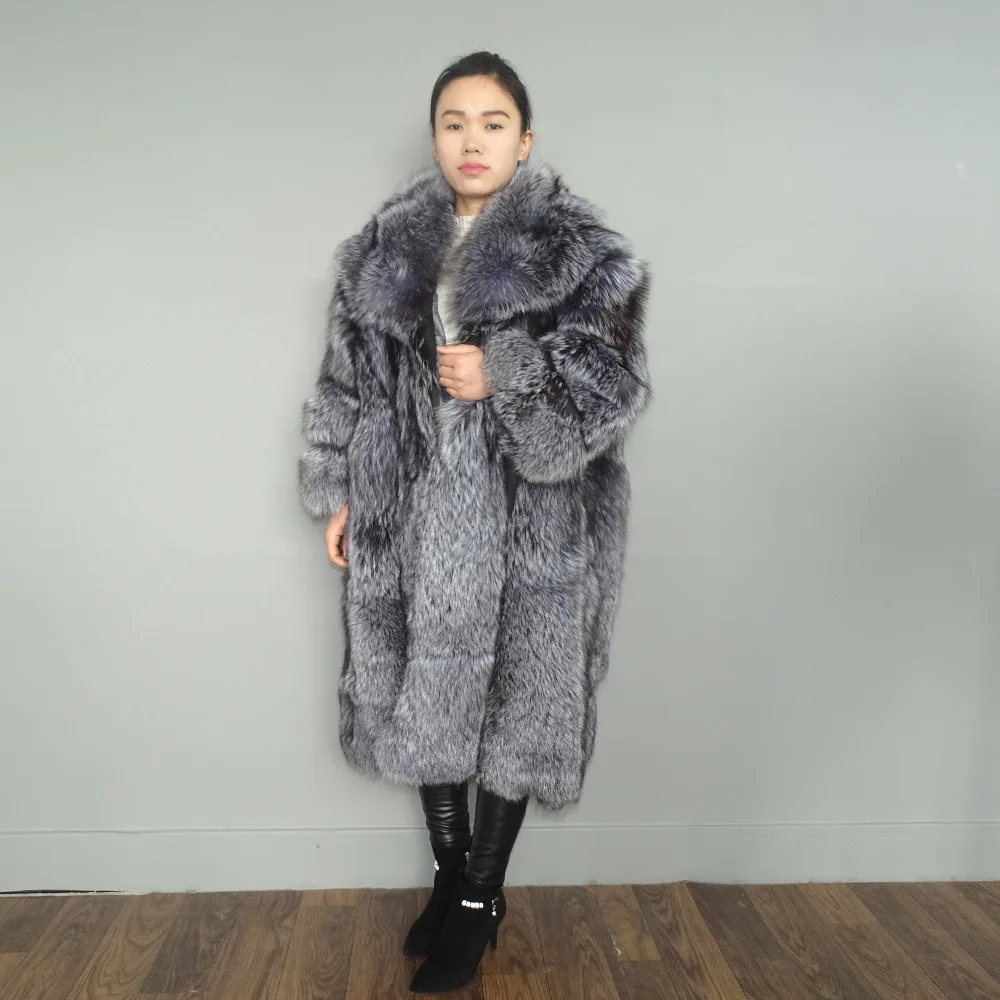 MLHXFUR 105 см Silver Fox Шуба отложным воротником пальто для Для женщин плащ верхняя одежда; парка одежды плюс пальто