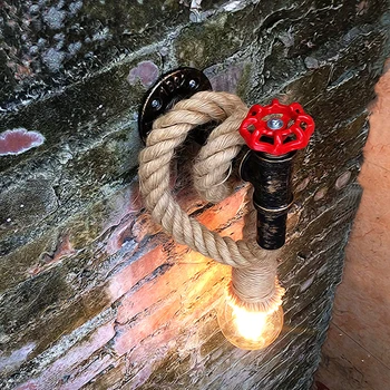

industrial water pipe wall lamp Loft Industrial Rustic Decor Edison Bulb wall mounted lights Hemp Rope wall light fixtures