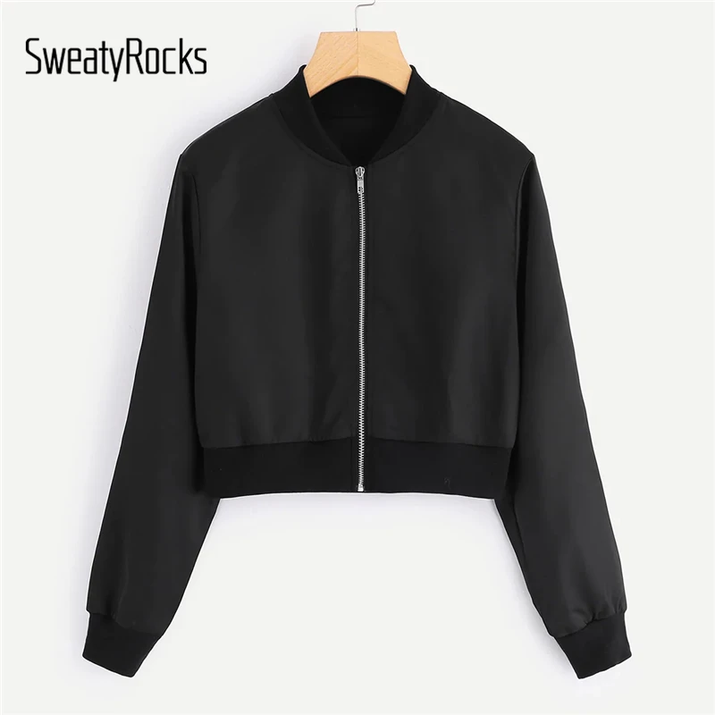 SweatyRocks Solid Zip Up Crop Jacket Streetwear Stand Collar Black ...