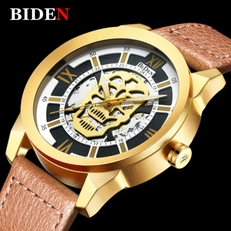 

BIDEN New Arrival Pirate Skull Men Gold Quartz Watches Male Top Brand Military Leather Sports Watch Waterproof Relogio Masculino