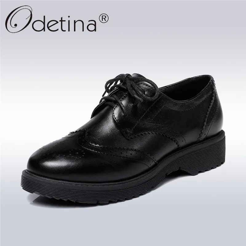 Odetina/2019 г. Новая мода Повседневное Для женщин Wingtip Оксфорд обувь на шнуровке в стиле ретро броги Туфли без каблуков на платформе обувь на