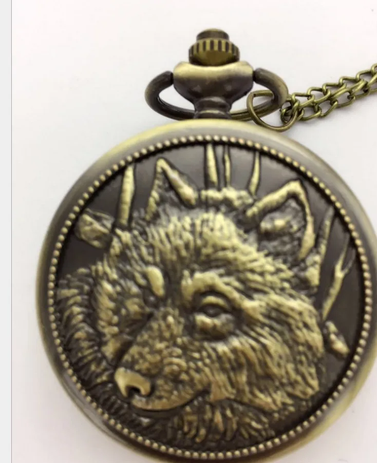 

Bronze Steampunk Wolf Pattern Quartz Men Boy Pocket Watch Chain Pendant Watch