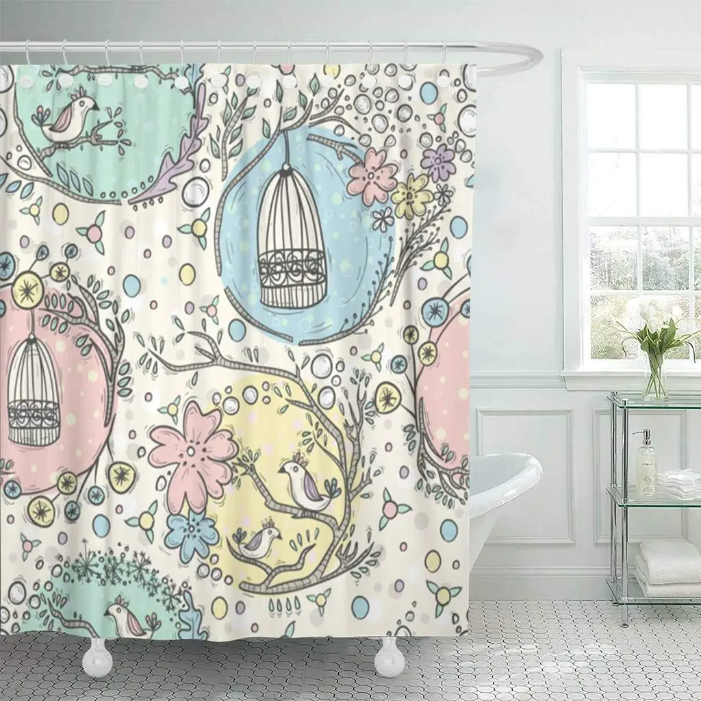 Shower Curtain with Hooks Cute with Birdcages Flowers and Birds Girl