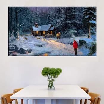 

Snow Forest Countryside Snow Night Landscape Art Printed Cottage in Forest Picture Canvas Painting for Kitchen Home Decorations