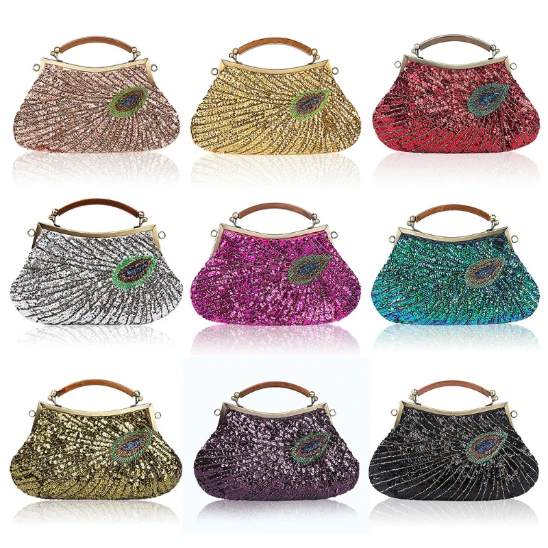 

NoEnName_Null High Quality Evening Bag Vintage Lady Beaded Sequins Peacock Wedding Evening Shoulder Bag Clutch Handbag