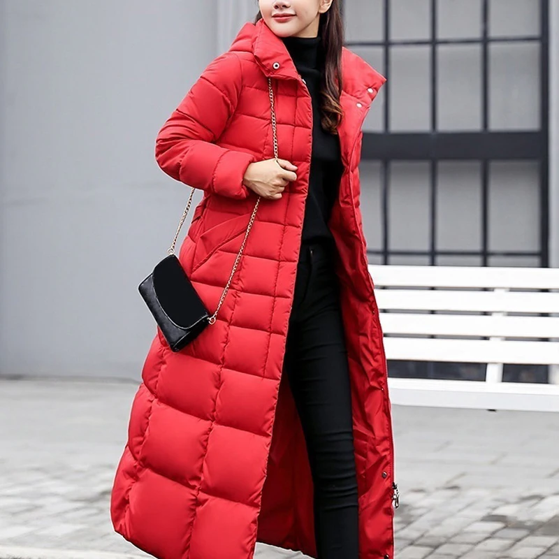 Женское зимнее длинное пальто с капюшоном, парка, длинный рукав, карман, пуговица, с поясом, на молнии, женская теплая Толстая куртка размера плюс 3XL