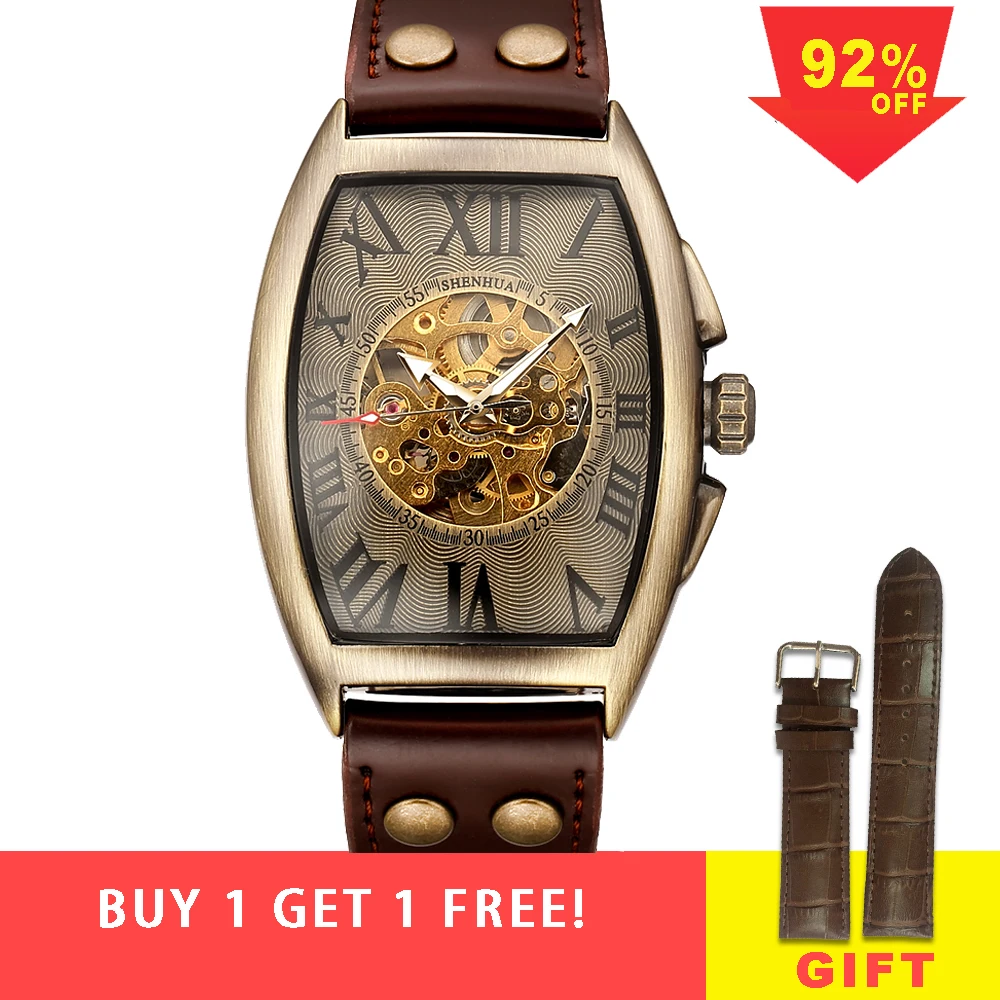 Shenhua 2019 Винтаж автоматические часы мужские механические наручные часы Для мужчин модные скелет ретро бронзовые часы montre homme