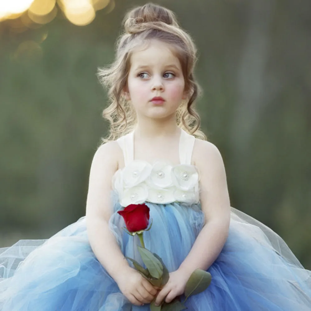Пыльно-голубой цвет, Детские Свадебные платья праздничные платья-пачки для маленьких девочек 8 лет, платье с жемчужинами и цветами для девочек Рождественская осенняя одежда