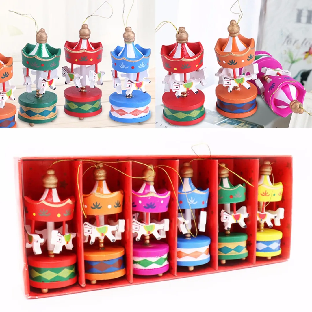 JX-LCLYL 6Pcs Wooden Carousel Horse Ornament Merry-Go-Round Christmas Bedroom Decor New