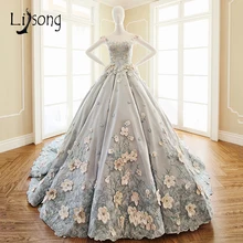 Ultra Romántica Floral Gris Vestidos Largos Apliques de Boda Nupcial de Lujo Vestido de Novia Formal Vestido Longa vestidos de Casamento