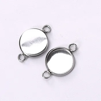 

50Pcs/lot 10mm Stainless Steel Connector Setting Cabochon Blank Base 1/1 Loop Flat Round DIY Component Cameo Bezel Pendant Trays