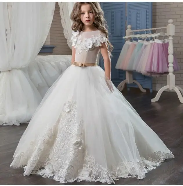 

Girls Wedding Formal Dresses 2018 Lace Tailing Catwalk Gauze Prom Ball Gown Flowers Girls Princess Dress Kids Long Party Dress