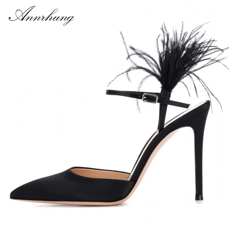

Luxury Satin Feather Decor High Heel Sandals Women Pointed Toe Thin Heel Gladiator Stilettos New Summer 2019 Party Shoes Women