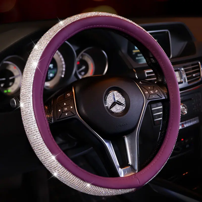 Чехлы на руль, для женщин и девочек, для автомобиля, фиолетовая пепельница, коробка для салфеток, стразы, автомобильные аксессуары, Алмазный кристалл, украшение для автомобиля - Название цвета: PU steering wheel