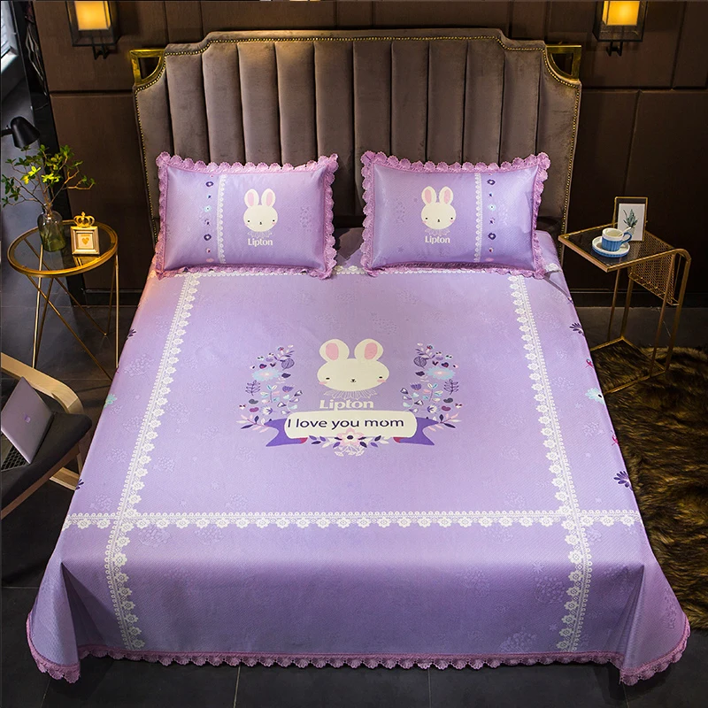 

Cartoon Summer Sleeping Bed Mat Flounce Decoration Washable Bed Topper Sheet Ice Silk Mat Bed Mattress Protector Cover Set