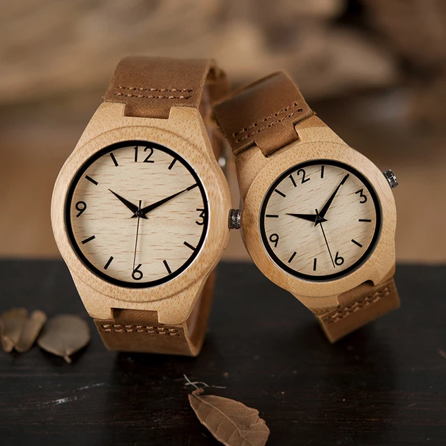 Men Women's Wood Watch Japanese Movement Bamboo Wooden Lovers' Watches with Genuine Leather Wristwatch relogio masculino V-A31 2