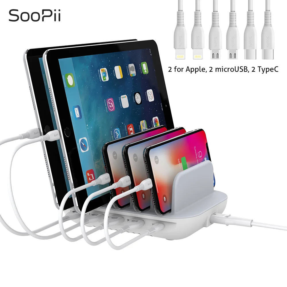 

SooPii 50W 5 Ports Charging Station With QC3.0 and PD Fast Charging,6 Short Mixed Cables Included for mobile phone and ipad