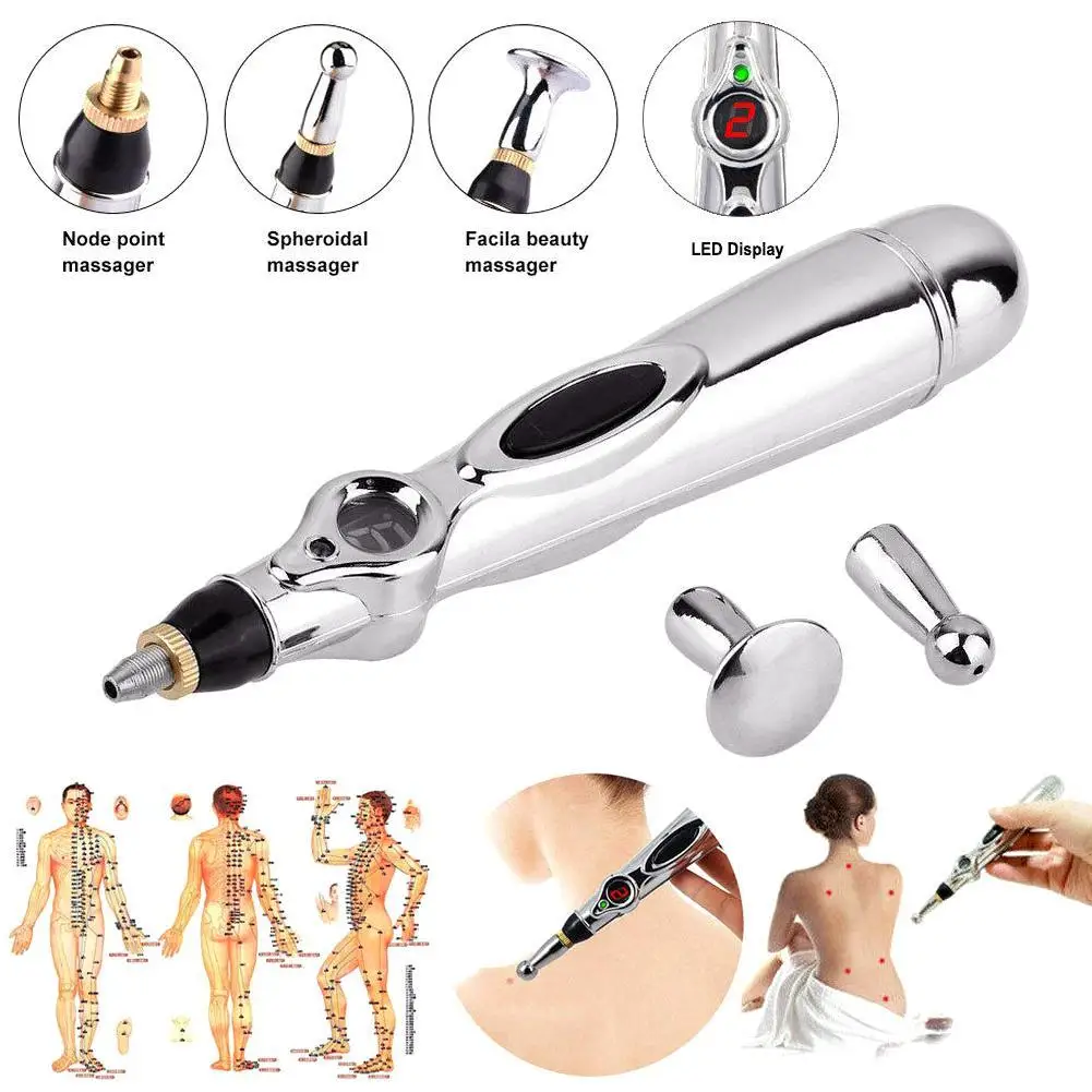 3 in 1 Electric Acupuncture Magnet Therapy Heal Massage Pen Meridian Energy Pen Relief Pain Tools with 3 replacement head Health - Цвет: SLIVER