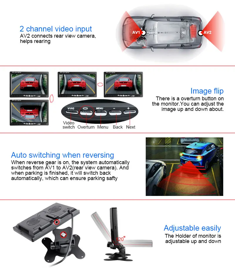 Цветной TFT 7 дюймов LCD12V автомобильный монитор заднего вида монитор With2 Каналы видео Вход для DVD/VCD/заднего камера