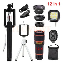 12in1 Камера lentes комплект 3in1 Fisheye Широкий формат макро Объективы для iPhone 7 8 смартфон 12x зумом телеобъектив Штатив клип