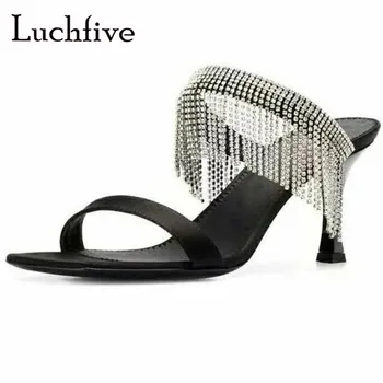 

Rhinestone Tassels High Heels Women Slippers Sexy Open Toe Two Belts Female Shoes Black Runaway Jeweled Fringe Shoes Woman