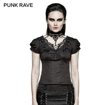 

PUNKRAVE Women Gothic Shirt High Collar Fashion Vintage Swallow Tail Short Sleeve Hollowed-out V-neck Party Shirt
