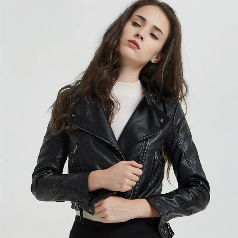 

2019 New Autumn Winter Women's Slim Washed Pu Leather Jacket Fashion Faux Soft Leather Coats Womens Zipper Jackets