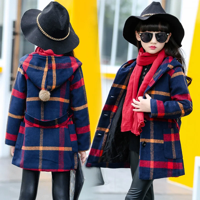 Клетчатое пальто с длинным рукавом для девочек на весну осень 2018 Рождественская