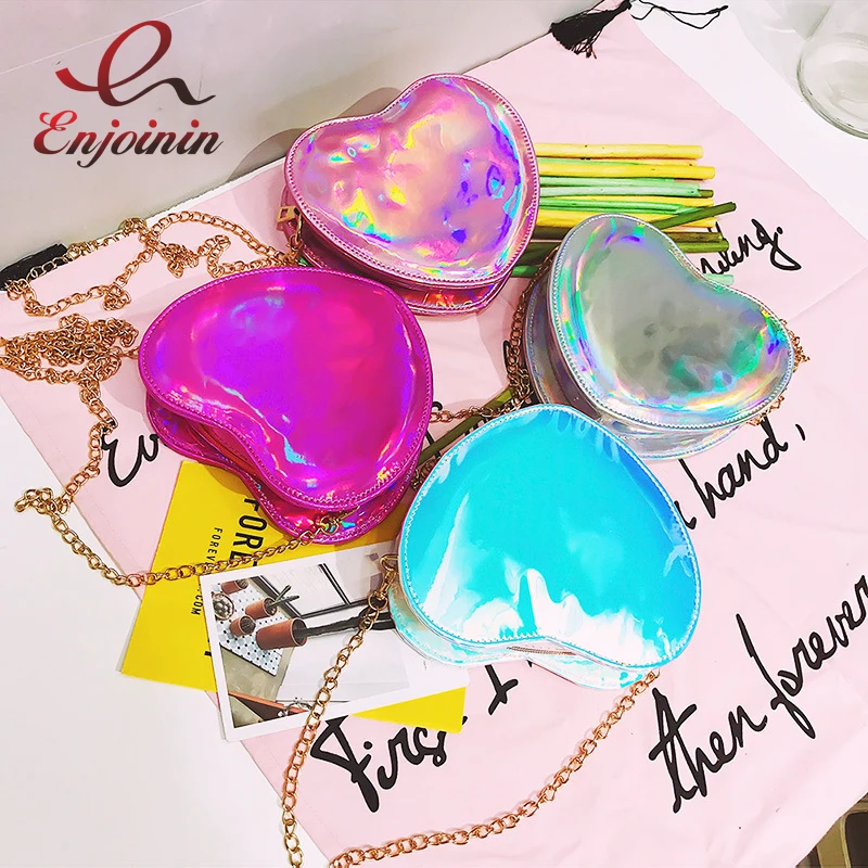 

New Style Fashion Laser pu leather Heart-shaped chain purse hamless handbag shoulder bag ladies crossbody mini messenger bag