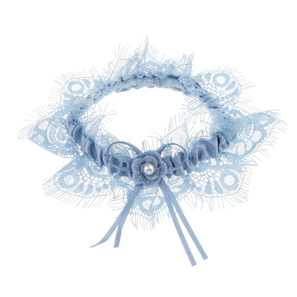 Elegant Wedding Bridal Lace Pearls Garter w/ Bow Knot Trim Bride to Me Hen Night Party Theme Dress Wedding Party Decor Blue 