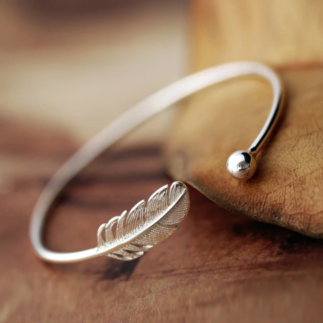 Simple Design Real Pure 925 Sterling Silver Jewlery Wedding Simple Design Real Pure 925 Sterling Silver Jewlery Wedding Bangle Bracelet Leaf Feather Cuff Bangles For Women